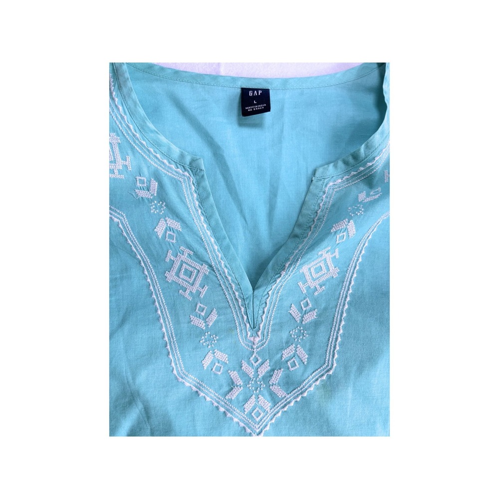 Gap Womens L Tunic Top Turquoise Blue Cotton Embroidered V-Neck Long Sleeve Boho - Picture 2 of 4